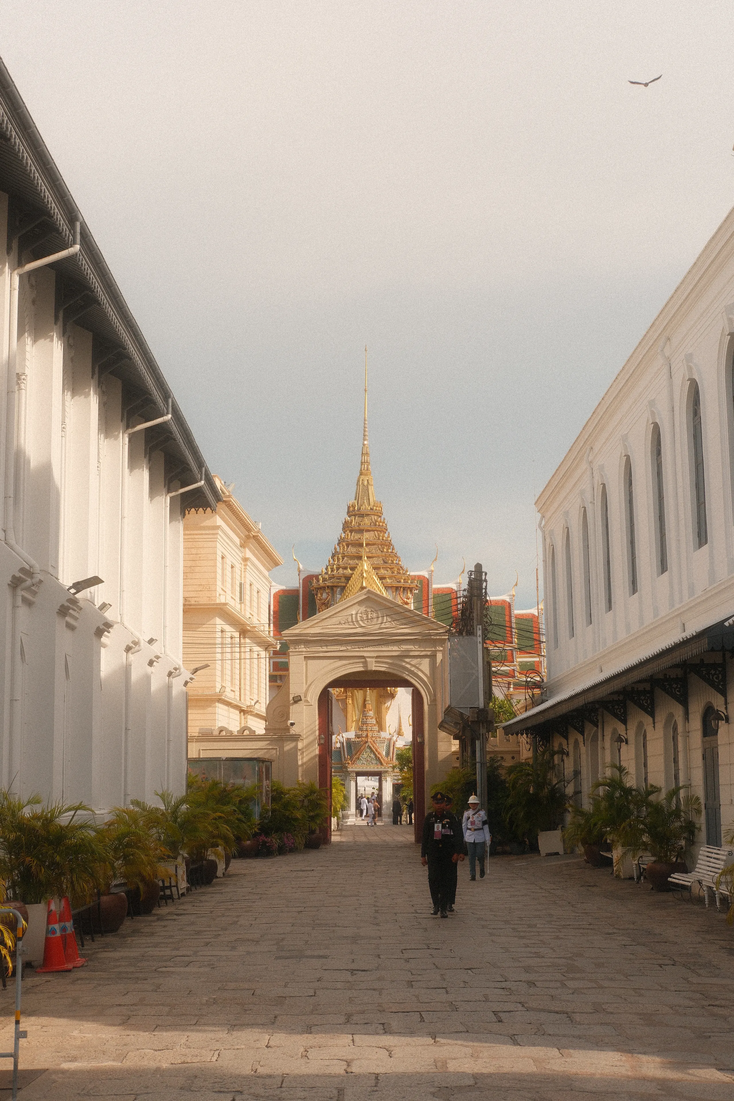 A white courtyard leading to a gold-roofed gate