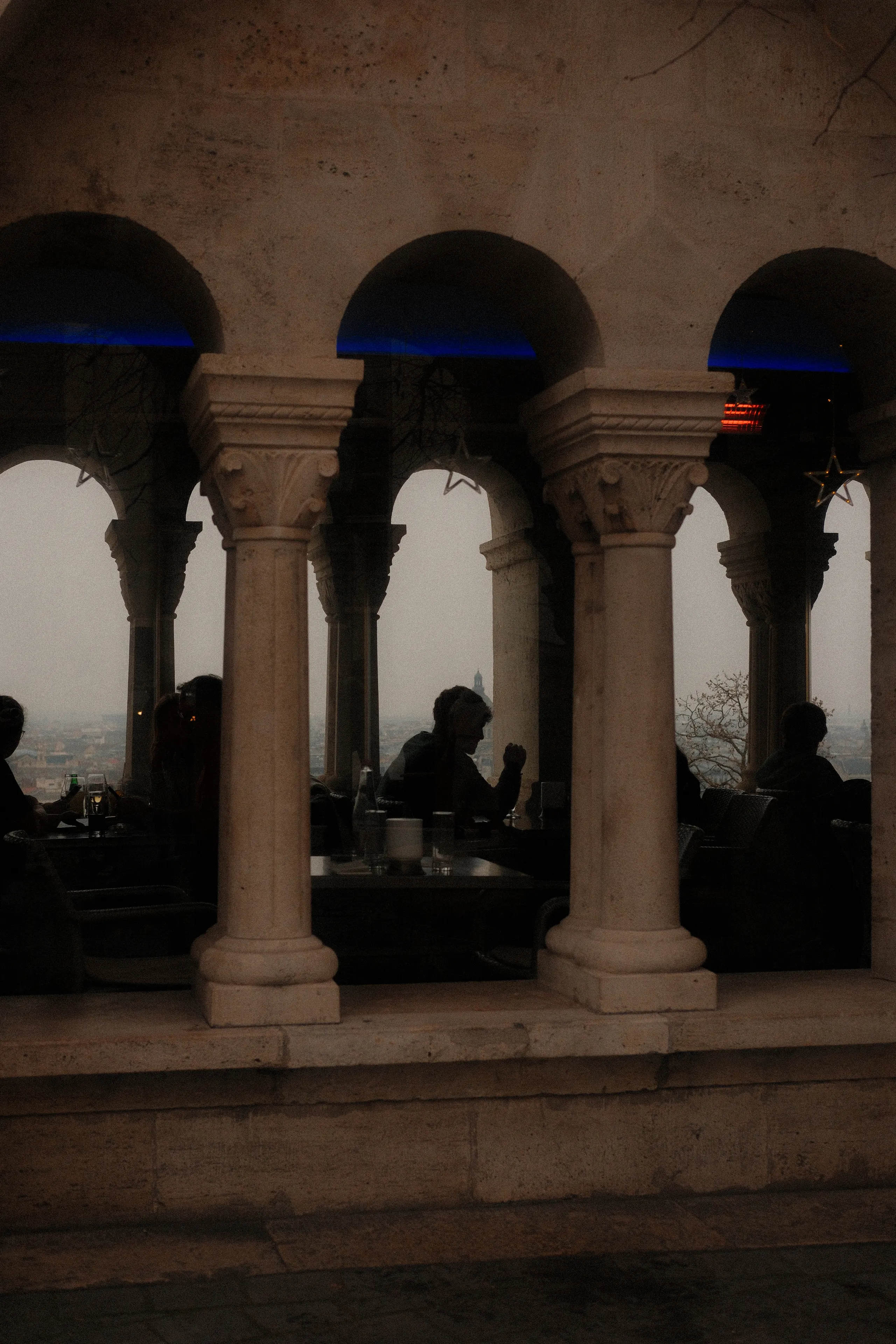 Arched windows and columns at Fisherman's Bastion in low light