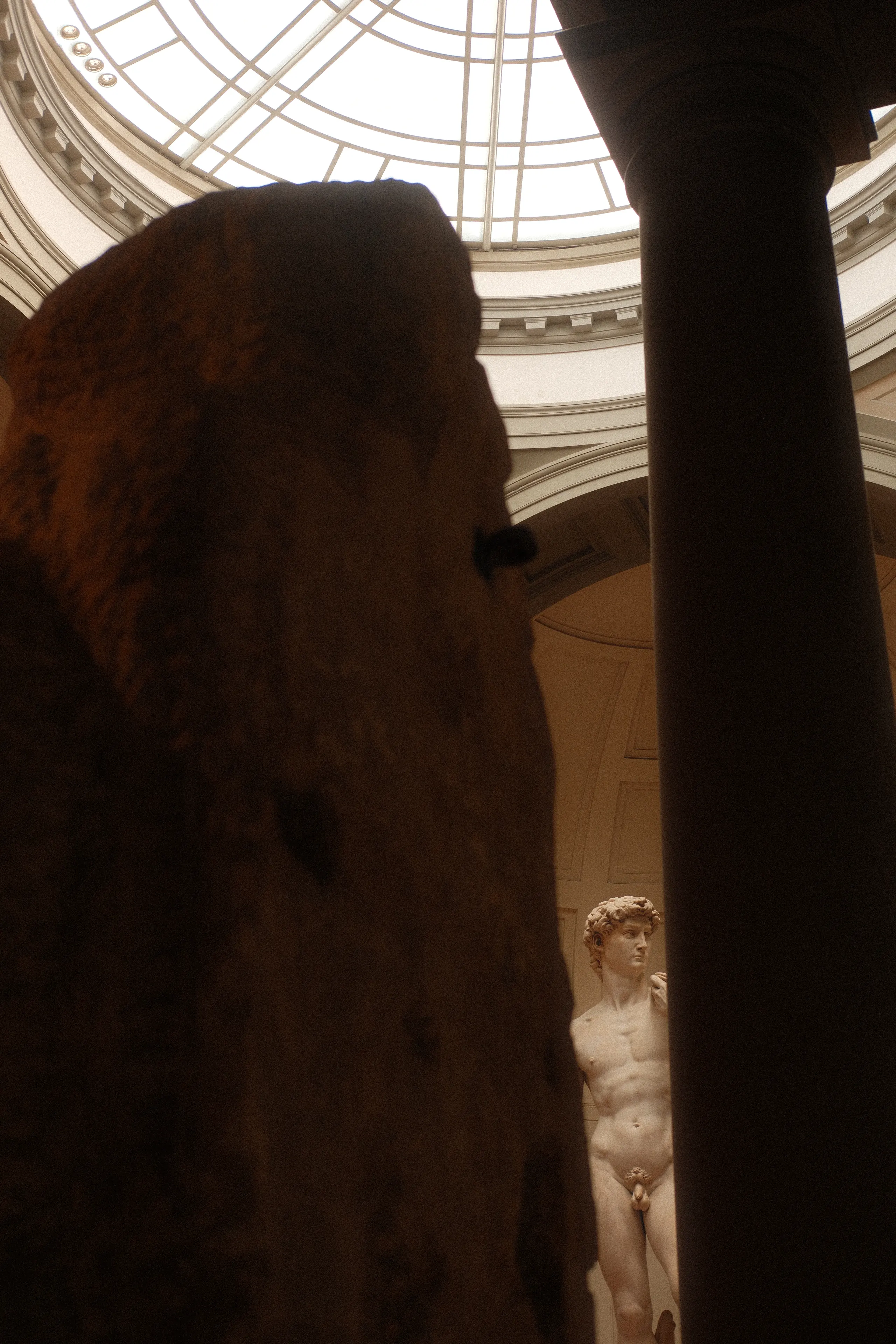 David framed by an unfinished marble block and a column, skylight above
