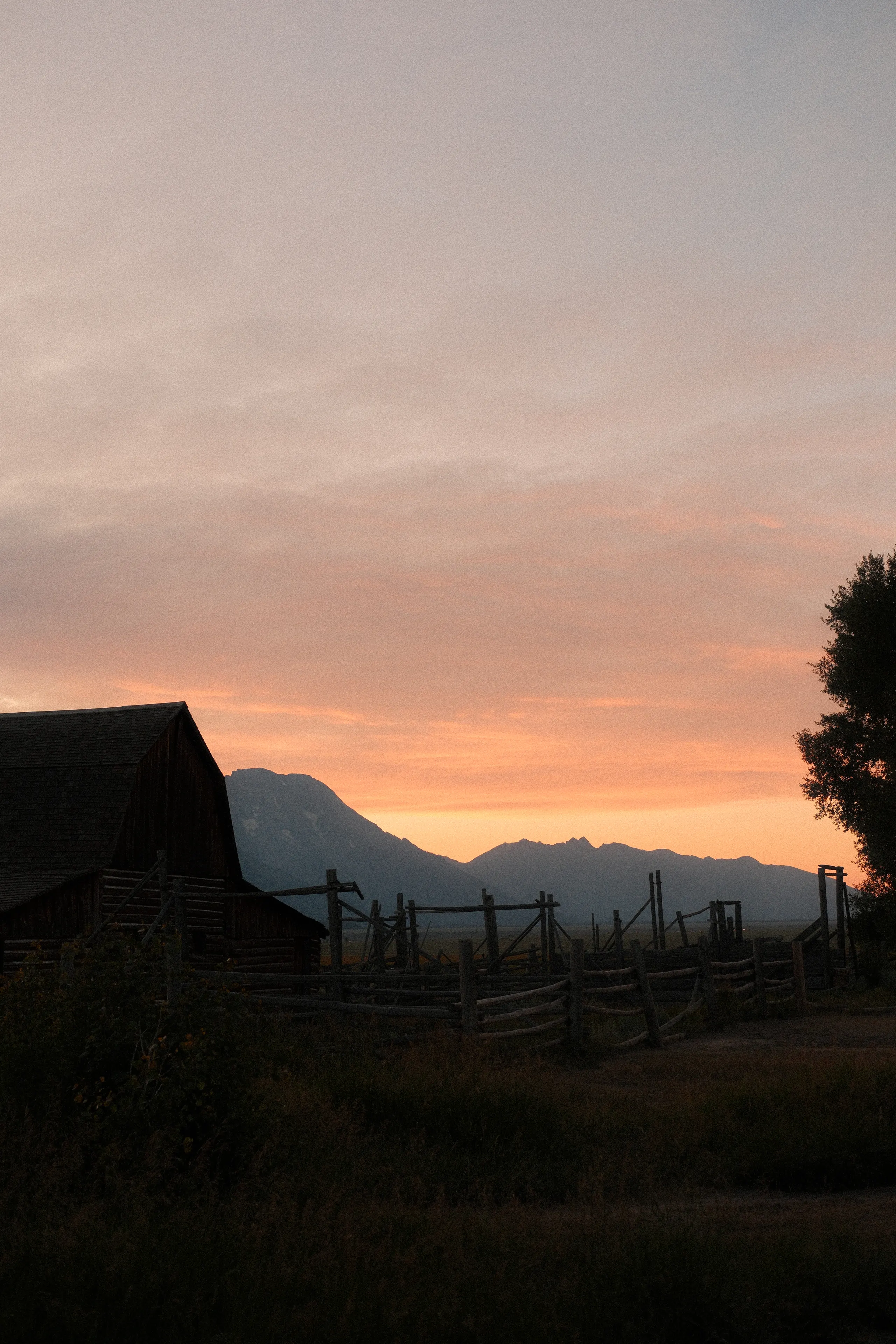 A barn and fence line silhouetted against a pink sunset, the Tetons behind